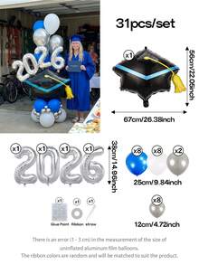 31pcs/Set 2026 Graduation Party Decoration Balloon Set, 4 Color Schemes (Red, Blue, Purple, Green) - Giant Graduation Cap Foil Balloon + 16-Inch Silver Letter Slogan Balloons (2026) | Graduation Ceremony, Graduation Photo, Graduation Banquet, Campus Event, Anniversary Decoration, 2026 Graduation Party Decor - Xem 14