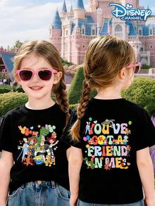 Disney Cartoon Toy Girl T-Shirt Top, With Toys And Puppets Printed With The Letters "You Have A Friend In Me" In A Lively And Cute Style. Summer Casual Outdoor Girl Round Neck Short Sleeved Top - 黑色 - 查看 1