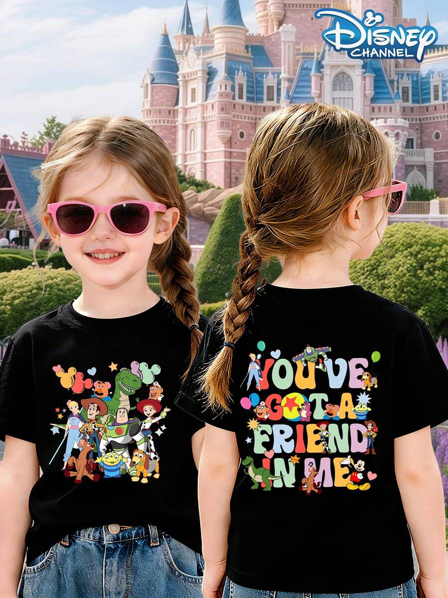 Disney Cartoon Toy Girl T-Shirt Top, With Toys And Puppets Printed With The Letters "You Have A Friend In Me" In A Lively And Cute Style. Summer Casual Outdoor Girl Round Neck Short Sleeved Top - 黑色 - 查看 1