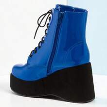 Women's Blue Patent Leather Platform Combat Boots - Lace-Up Wedge Heels With Side Zip Closure Y2K Goth Punk Style - 藍色 - 查看 6