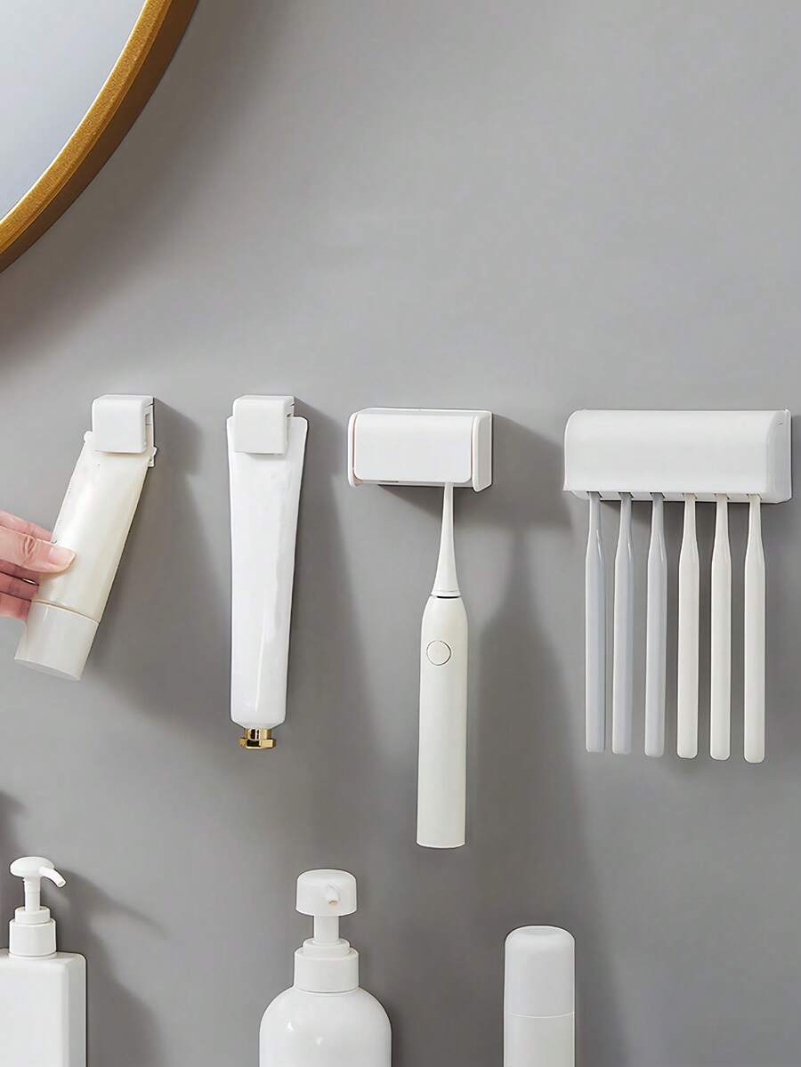 Soporte para cepillo de dientes montado en la pared con tapa, estante de almacenamiento para cepillo de dientes eléctrico, organizador de pasta de dientes, soporte para cepillo de dientes y dispensador de pasta de dientes montado en la pared sin taladro de múltiples funciones, almacenamiento y organización para el baño, artículos esenciales para el baño, decoración del baño del hogar