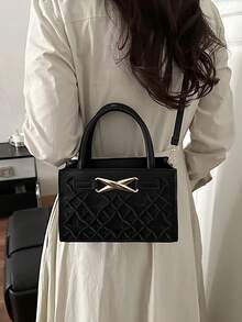 Bolso de mano de moda para mujer, bolso cuadrado pequeño, bolso mini con patrón de rombo bordado en metal de moda, bolso versátil de hombro y bandolera - Negro - Ver 3