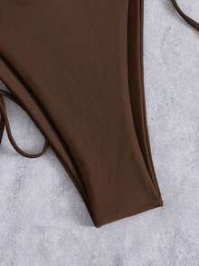 3pcs/Set Summer Sexy Solid Color Ruffled Halter Bikini With Drawin String, Beach Resort Swimsuit With Mesh Skirt - Brown - View 6