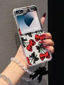 1PC Fashion Matte PC Material Simple And Cute Cherry Skull Element Folding Phone Case, Paired With Same Color Bracelet, Can Protect And Prevent Falling: SamsungGalaxy Zflip 3/Zflip 4/Zflip 5/Zflip 6/Zflip 7/ Find N3 Flip/ Razr 50 Ultra/ Razr 60 Ultra/ Rallazar 60/ Razr 50/XiaomiMIX Flip/Galaxy Z Flip7 FE - Clear - View 2