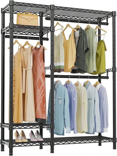 VIPEK V2 Heavy Duty Clothes Rack, Portable Metal Clothing Racks With 4 Tiers Adjustable Wire Shelving & 3 Hanging Rods, Freestanding Wardrobe Portable Closet Rack, Max Load 700LBS, Black