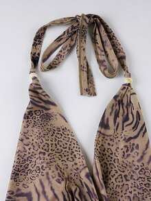 Women's Leopard Print Draped Cowl Neck Tie Backless Halter Top & Shorts Sexy 2 Piece Set - màu nâu - Xem 6