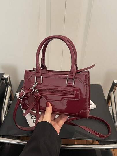 2026 New Solid Color PU Patchwork Zipper Handbag, Minimalist Fashion Outdoor Personalized Small Square Bag, Versatile Shoulder Crossbody Bag With Adjustable Strap