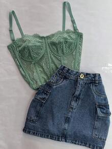 Women's High-Waisted Denim Cargo Skirt With Pockets, Plus Sizes 34 To 54 - 中等水洗藍 - 查看 1