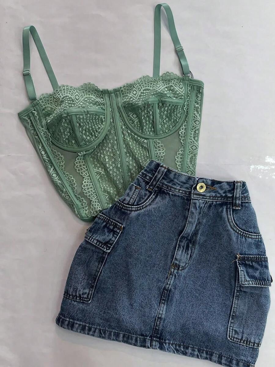 Women's High-Waisted Denim Cargo Skirt With Pockets, Plus Sizes 34 To 54 - 中等水洗藍 - 查看 1
