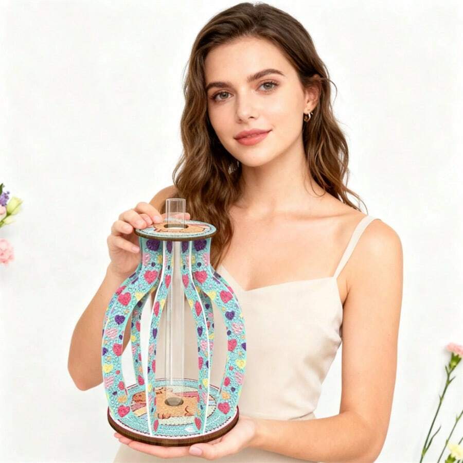 LaoJieYuan 2026新款木质蓝粉色钻石画花瓶钻石画桌面摆件套装，含水钻桌面装饰品，适合成人初学者DIY工艺品钻石画