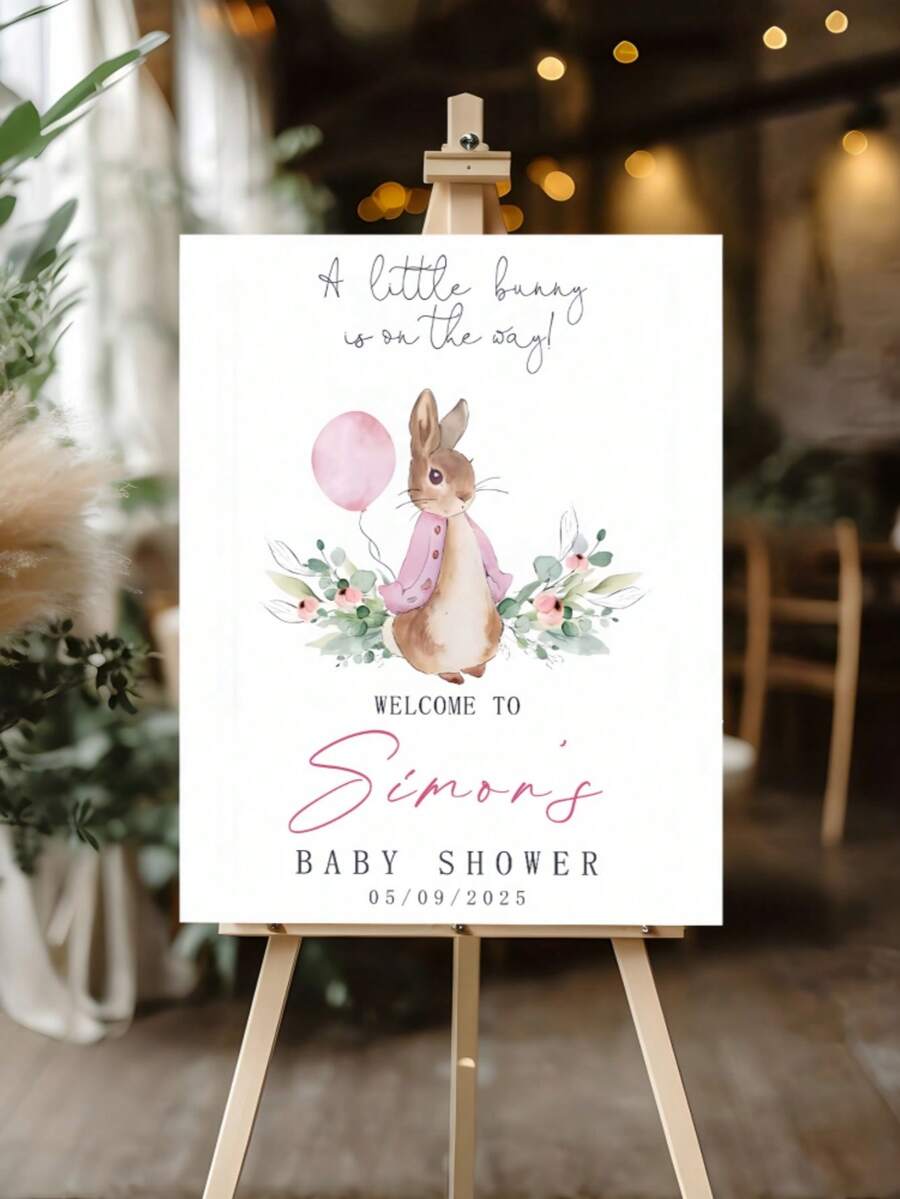 1pc Customized Baby Shower Welcome Sign, With Personalized Name And Date - Cute Rabbit And Floral Pattern, Soft Pink And Green Tones, Suitable As Gift For Birthday, Shower, Gender Neutral Party - Multicolor - View 1