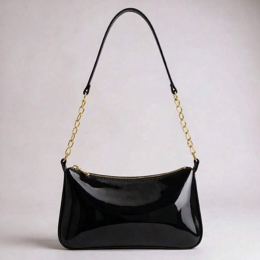 Women's Shoulder Bag With Chain Strap And Shoulder Pad, Featuring Gold-Tone Details And A Zipper Closure. - ĐEN - Xem 1