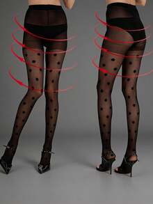 1 Pair Black Polka Dot Tights For Women, Polka Dot Patterned Pantyhose With Control Top, Nylon Stockings, Parties & Dresses, Summer Travel Holiday Essentials - Multicolor - View 2