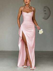 Elegant Sexy Satin Frill Trim Waist Party Dress, Bridesmaid Dress, Formal Gown - 藏蓝色 - 查看 1