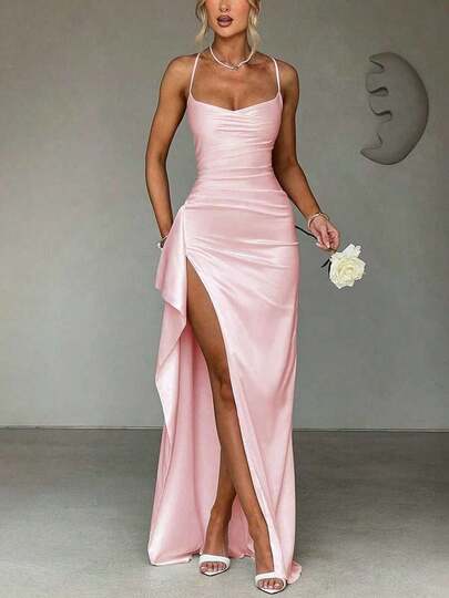 Elegant Sexy Satin Frill Trim Waist Party Dress, Bridesmaid Dress, Formal Gown