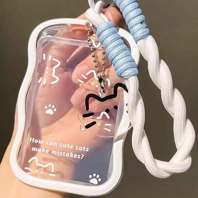 Adorable Cat-Themed TPU ID & Work Card Holder With Wave Design, Includes Braided Bracelet & Charm Pendant - "How Can Cute Cats Make Mistakes?" Motif - Perfect For Office And Daily Travel, Cat Accessories