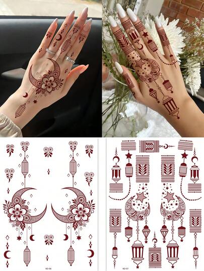 2张红棕色防水海娜纹身贴纸，图案包括月亮、星星、花朵和链条，简约手部纹身，适用于化妆活动、派对、表演、装饰、约会、婚礼等场合。