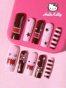 SANRIO 24片长方形3D凝胶美甲贴纸，包含可爱线条和星星装饰图案，粉色少女风，完美适用于亚克力甲片，附赠1瓶胶水和1把指甲锉，适合女性和女孩日常及派对使用。 - 彩色 - 查看 3