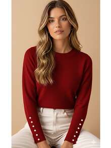 Basic Knit Sweater Blouse With Pearl Detail, Polyester, Pearls, Nightwear - Red - View 1