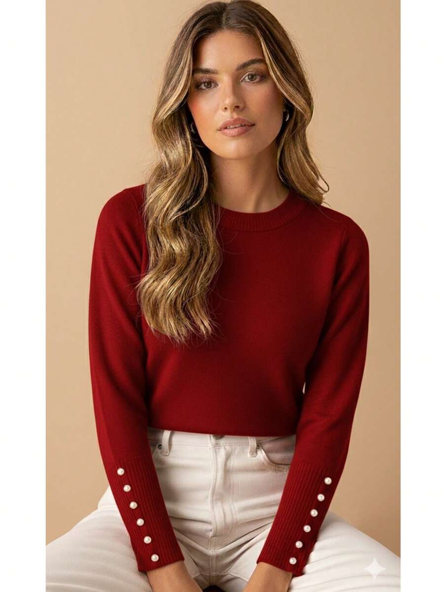 Basic Knit Sweater Blouse With Pearl Detail, Polyester, Pearls, Nightwear - Red - View 1