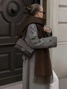 Plain Winter Thick Pashmina Scarf 225g With Fringe Unisex - 咖啡棕 - 查看 12