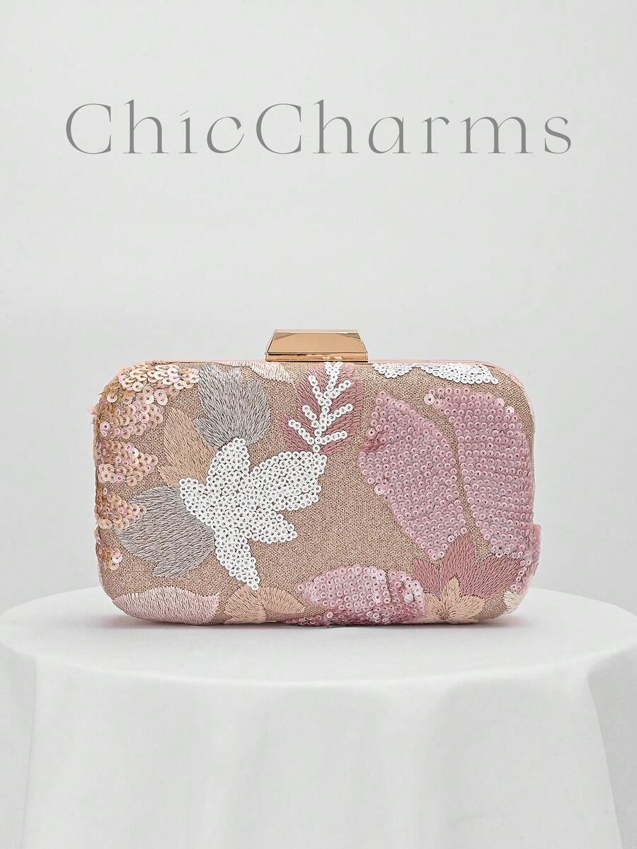 1pc Women's Fashionable Retro Evening Bag, Multicolor Leaf & Floral Pattern Patchwork Crossbody Mini Square Box Bag, Suitable For Party, Gathering, Shopping, Birthday, Valentine's Day, Gift, Random Pattern - Pink - View 1
