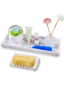 浴室梳妆台托盘，带皂碟架 - 11.8 英寸硅胶台面托盘，可用于放置皂液器、香水、珠宝、蜡烛、化妆品、装饰品、马桶水箱托盘、厨房调料托盘（可放调料、盐、咖啡等）。 - 多色 - 查看 3