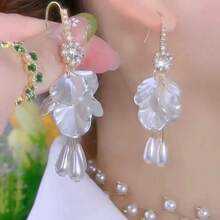 1 par de pendientes largos con diseño de borlas y pétalos, nuevos pendientes de estilo de vacaciones únicos y elegantes para mujeres - Dorado - Ver 3