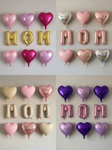 Bộ 9/21 bóng bay trang trí Ngày của Mẹ, bóng bay chữ "MOM" màu vàng/vàng hồng/đỏ tía/kem kích thước 16 inch, bóng bay hình trái tim màu hồng nhạt/bạc/kem/tím nhạt/tím đậm/hồng kích thước 18 inch, thích hợp trang trí sinh nhật vợ, sinh nhật mẹ. - Xem 2