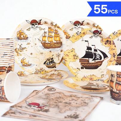 海盗藏宝图一次性餐盘、餐巾纸、纸杯 - 一次性派对用品套装，适合10位客人，一次性纸盘，派对餐具，适用于生日、婚礼、主题派对、家庭野餐
