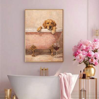 1pc Framed/Unframed Golden Retriever Bath Tub Canvas Poster Funny Animal Dog Bathroom Wall Art Print Minimalist Toilet Aesthetic Decor Painting For Apartment,Living Room,Bedroom,Modern Home Decoration