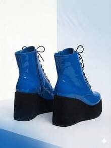 Women's Blue Patent Leather Platform Combat Boots - Lace-Up Wedge Heels With Side Zip Closure Y2K Goth Punk Style - 藍色 - 查看 10