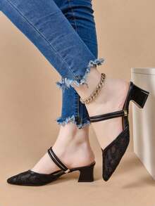 New Mesh Pointed Toe Chunky Heel Sandals Mules Two-Way Wear Pumps,Summer Outfits - Black - View 4