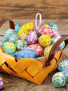 24个复活节挂饰彩蛋，丝带吊坠彩色彩蛋，彩色图案彩蛋，雏菊波点装饰，复活节树装饰，春季家居装饰，节日派对用品，格子布彩蛋，DIY手工配件，节日墙门装饰，篮子标签 - 彩色 - 查看 5