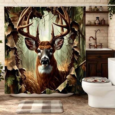 "Forest Secret Stag Deer Shower Curtain, Majestic Whitetail Deer With Antlers In Camouflage Forest Background Waterproof Polyester Bath Curtain Set With 12 Hooks, Hunting & Nature Themed Bathroom Decor For Men, Rustic Woodland Home Restroom Decoration"