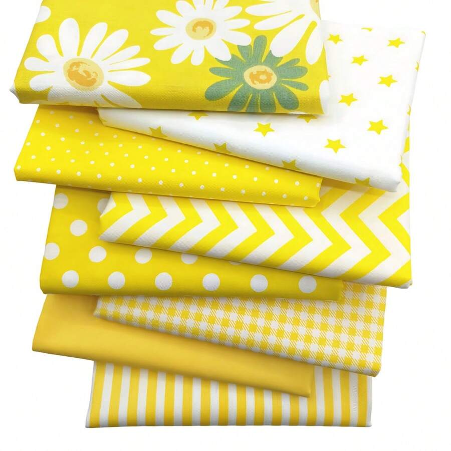 8 piezas de tela de algodón con estampado de girasoles amarillos brillantes, lunares y rayas, surtido de 20*25cm/40*50cm de la serie amarilla para patchwork, manualidades de verano DIY, decoración y costura, lavable a máquina - B - Ver 1