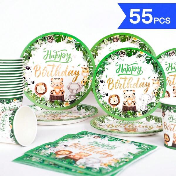 Green Border Animal Happy Birthday Disposable Plates, Napkins, Cups, One-Time Party Supplies Set, Suitable For 10 Guests, Disposable Paper Plates Party Tableware Suitable For Birthday, Wedding, Theme Party, Family Picnic