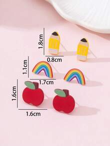 3 Pairs/Set Teacher's Day Pencil, Rainbow, Apple Enamel Faux Soft Clay Design Earrings Set, Gift For Teachers And Students - Multicolor - View 4