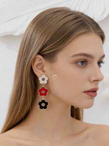 Elegant Tricolor Floral Long Earrings, Versatile - Multicolor - View 8