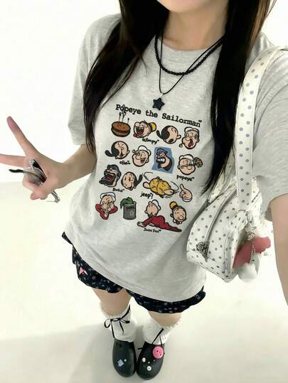 Women's Retro Cartoon Pattern Loose Off-Shoulder T-Shirt, Vintage Street Y2K Style Casual Aesthetic Grey Top