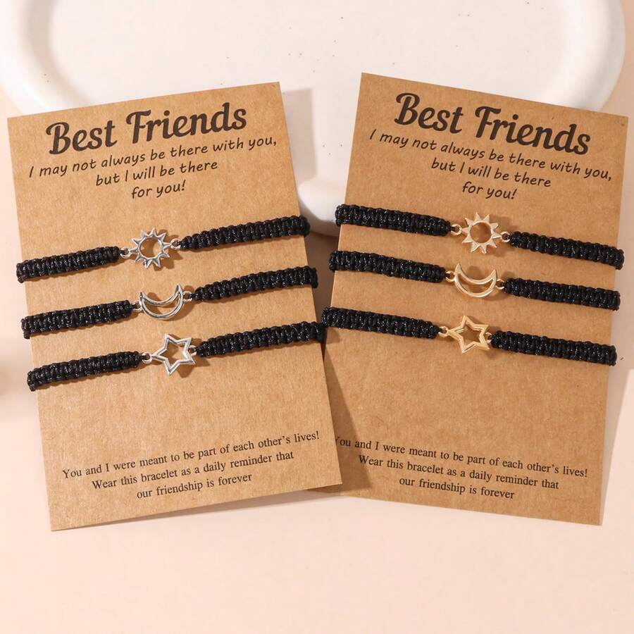 3pcs Minimalist Retro Alloy Sun Moon Star Braided Friendship Bracelets, Suitable For Men And Women - Sun, Moon and Stars - View 1
