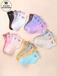 1 Pair/10 Pairs Spring & Summer Random Candy Color Ruffle Trim Minimalist Versatile Breathable Non-Slip Fashion Women Ankle Socks - Multicolor - View 5