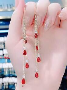 1 Pair Red Teardrop Earrings With Long Tassel, Korean Elegant Sparkling Earrings That Flatter The Face, Anti-Lost Earring Pendant - Red - View 2