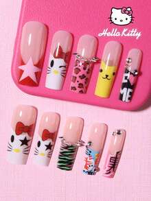 SANRIO 24片长方形可爱3D豹纹法式美甲贴纸，饰有水钻，完美贴合亚克力假指甲，套装包含1瓶胶水和1个指甲锉，适合女孩日常生活和派对场合 - 彩色 - 查看 2