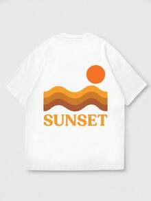 Men's Casual Minimalist & Sunset Aesthetic Print Short Sleeve T-Shirt, Suitable For Summer Wear, Comfortable & Breathable, Leading Fashion - White - View 3