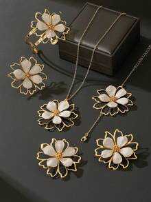 1 Set Women Jewelry Set: 1pc White Drip Oil Double-Layer Floral Pendant Necklace, 1 Pair Earrings, 1 Ring, 1 Bracelet, 1 Bangle - White - View 3