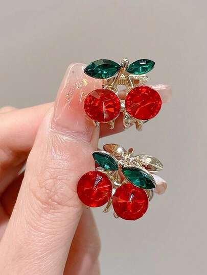 2个甜美可爱的小红樱桃迷你发夹，侧刘海夹，小巧水晶水果元素发饰，女士适用