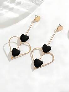1对复古简约百搭创意长耳环，几何心形可旋转设计，搭配黑色心形吊坠，适合女性日常佩戴，也适合节日、派对和各种场合。 - 金黃色+黑色 - 查看 2