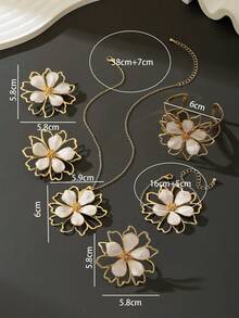 1 Set Women Jewelry Set: 1pc White Drip Oil Double-Layer Floral Pendant Necklace, 1 Pair Earrings, 1 Ring, 1 Bracelet, 1 Bangle - White - View 6