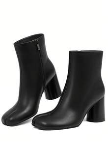 Split Toe Ankle Boots Chunky Block High Heels Mid Calf Boots Tabi Shoes Comfortable With Side Zipper Daily Shoes - màu đen - Xem 2
